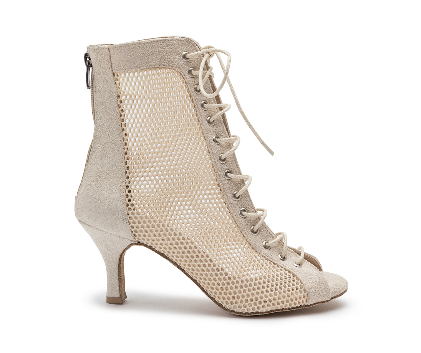 Beige Halley Heels aus Mesh von Dancing Queens: Schnürung, offene Spitze, kleiner Absatz für Stil und Komfort.